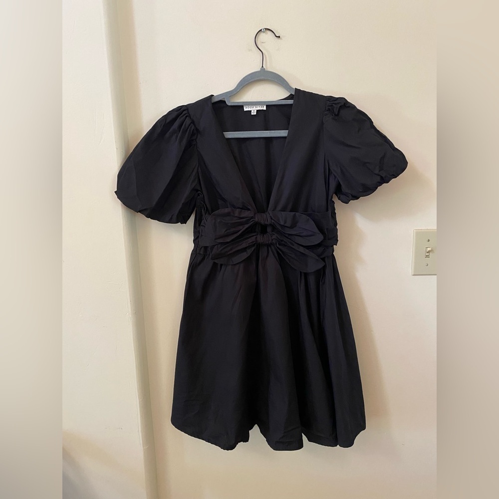 Moon River Black Puff Sleeve Midi Dress With Bow Detail Size M